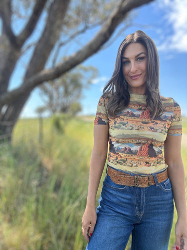 Cattle Call Mesh Print Top