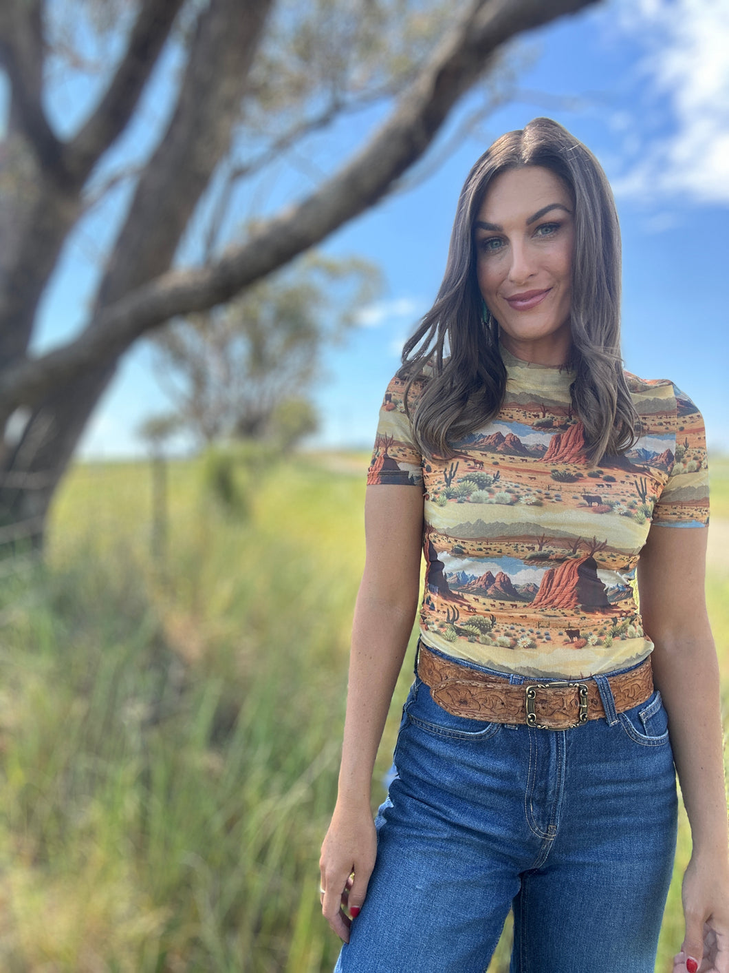 Cattle Call Mesh Print Top