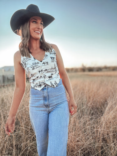 White Cowboy Print Vest