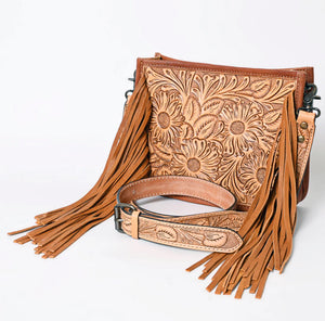 Sunflower Tooled Fringe Crossbody Bag