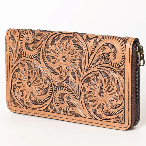 Leather Tooled Zipper Wallet