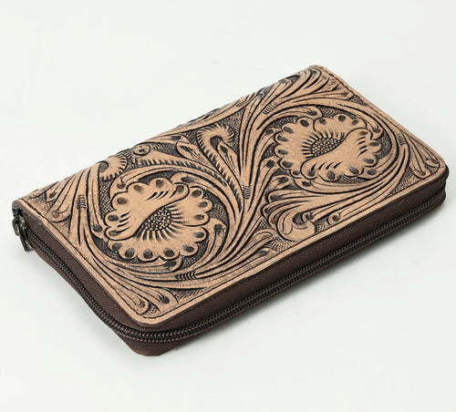 Leather Tooled Zipper Wallet