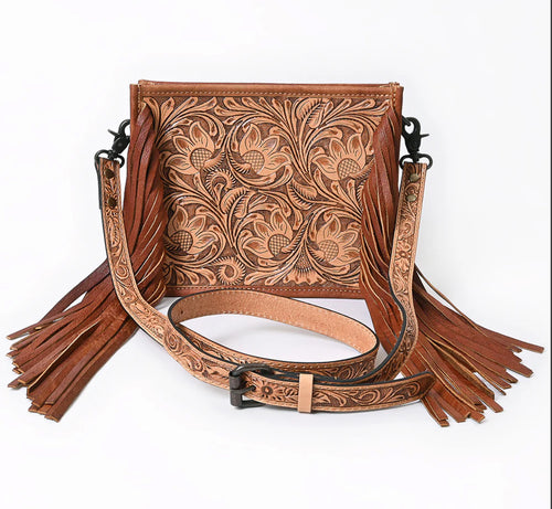 Floral Tooled Fringe Crossbody Bag