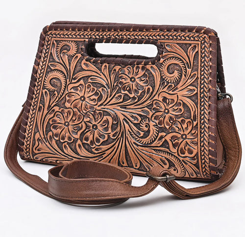 Dark Brown Buckstitch Tooled Clutch/ Crossbody Bag