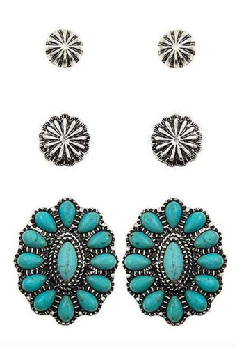 Floral Concho Stud Earring Set Turquoise