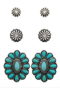 Floral Concho Stud Earring Set Turquoise